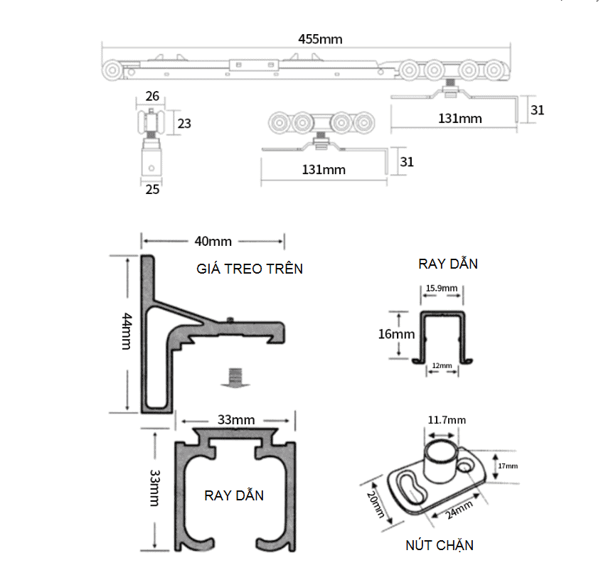 Bộ ray trượt cửa lùa treo giảm chấn 2 đầu DFL-P094 17