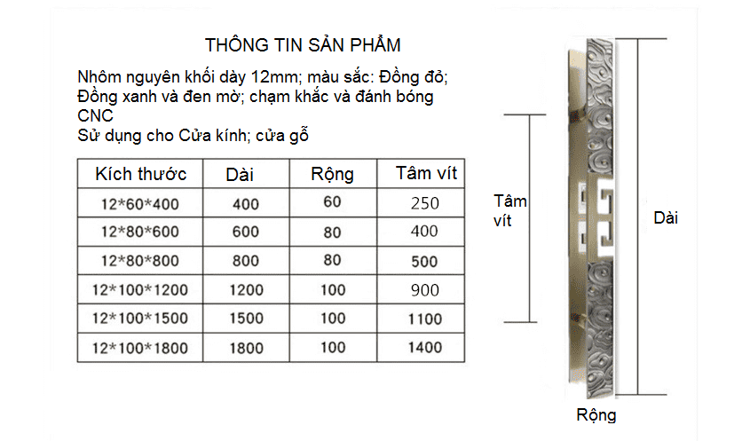 Kich thuoc Tay nắm cửa hợp kim nhôm hoa văn cổ điển