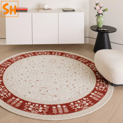 Thảm tròn sợi len họa tiết viền đỏ lựu YT1130