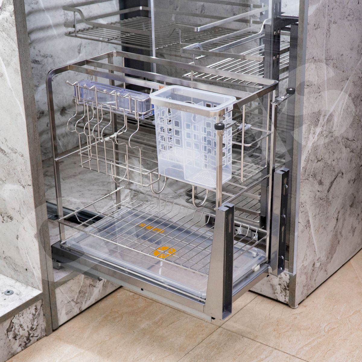 Giá dao thớt gia vị GARIS GME230 inox 304 xước mờ lắp đặt tủ bếp cánh kéo