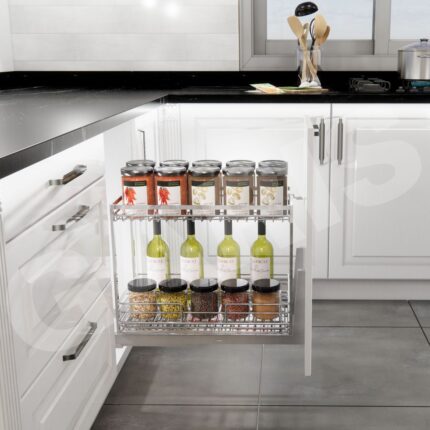 Giá gia vị chai lọ rổ nan dẹt cánh kéo inox 304 xước mờ GARIS GKE2 tủ bếp dưới