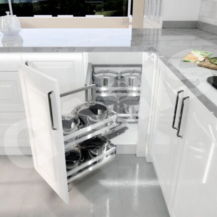 Hệ góc liên hoàn thông minh vách hộp GARIS GCB245L/R toàn cảnh tủ bếp góc