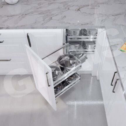 Hệ góc liên hoàn vách hộp GARIS GCB245L/R chi tiết rổ inox và cơ cấu ray