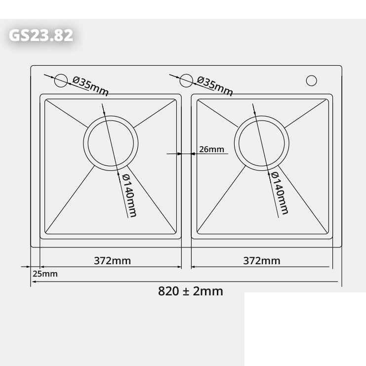 Bản vẽ kỹ thuật kích thước bồn rửa bát 2 hố cân GARIS GST2382 D820 R480 S230mm