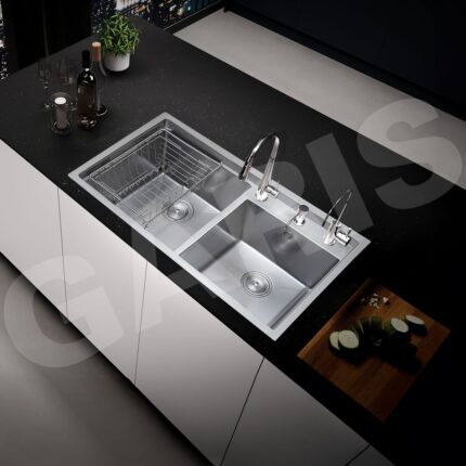 Chậu rửa bát 2 hố lệch thoát tròn GARIS GST2282 inox 304 vân LinenShield-X Ultra Defense