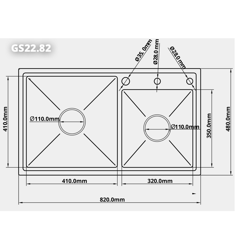 Bản vẽ kỹ thuật kích thước chậu rửa bát 2 hố lệch GARIS GST2282 D820 R480 S230mm