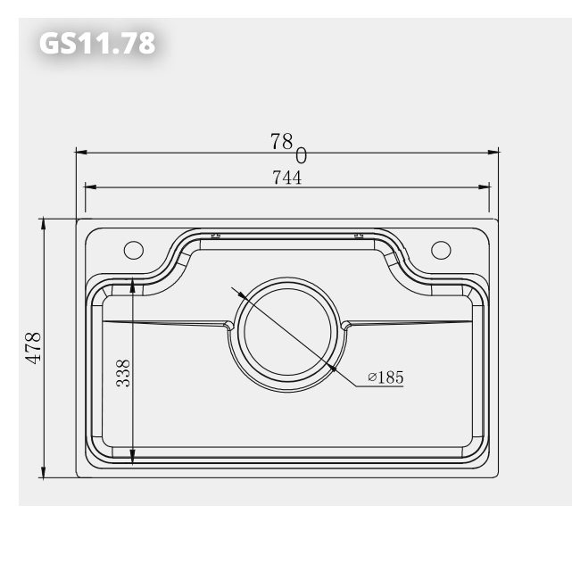 Bản vẽ kỹ thuật kích thước bồn rửa chén 1 hố to phủ nano titan GARIS GST1178 D780 R480 S230mm
