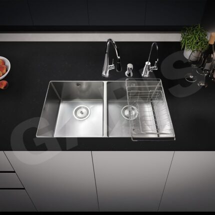 Chậu rửa bát 2 hố cân âm bàn đá GARIS GSU2180 inox 304 vân LinenShield-X Ultra Defense