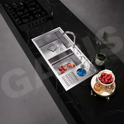 Chậu rửa bát 2 hố lệch có máy rửa cốc chén inox 304 GARIS MS22.96 nhìn từ trên xuống