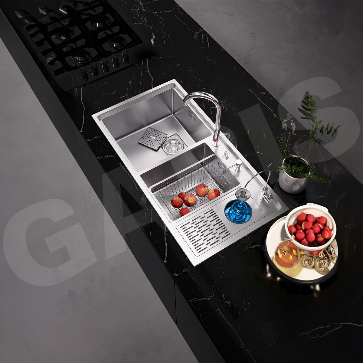 Chậu rửa bát 2 hố lệch có máy rửa cốc chén inox 304 GARIS MS22.96 nhìn từ trên xuống