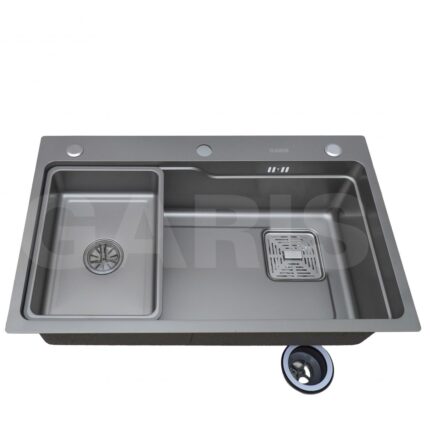 Chậu rửa inox 1 hố to GARIS GST1175 kèm hố phụ rời phủ nano màu titan