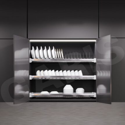 sắp xếp giá bát đĩa cố định tủ bếp – giá bát đĩa cố định 3 tầng inox 304 GARIS GBE7 toàn cảnh 2026