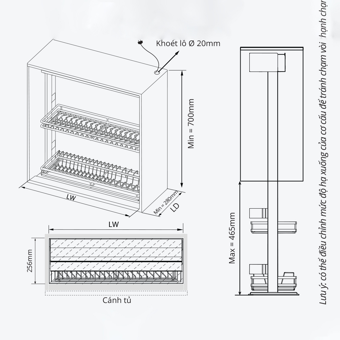 Bản vẽ kỹ thuật giá bát đĩa nâng hạ điện tử GARIS GLXV6 thông số kích thước