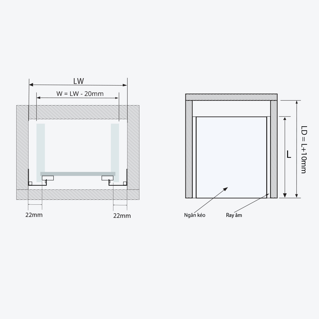 Bản vẽ kỹ thuật ray âm giảm chấn GARIS GT3 kích thước chi tiết các size