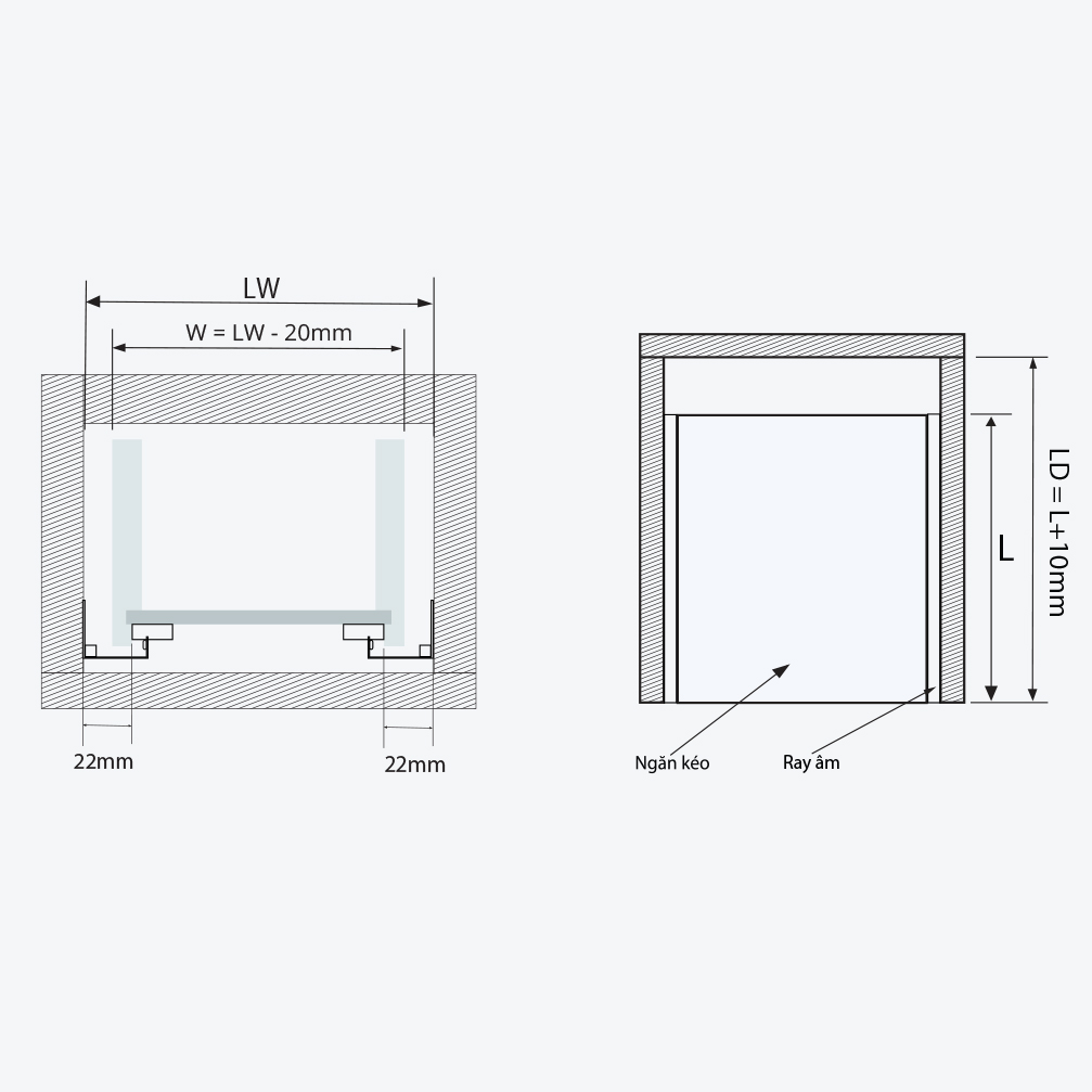 Bản vẽ kỹ thuật ray âm giảm chấn GARIS GTG5 kích thước chi tiết các size