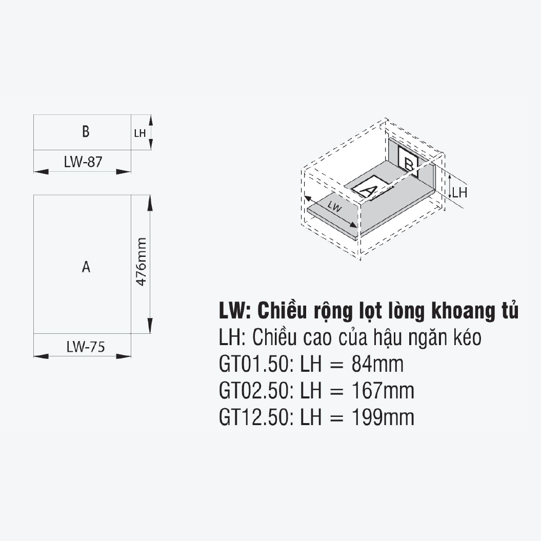 Bản vẽ kỹ thuật ray hộp GARIS GT02.50 Gigabox 2 mặt thành cao vách kính 500mm