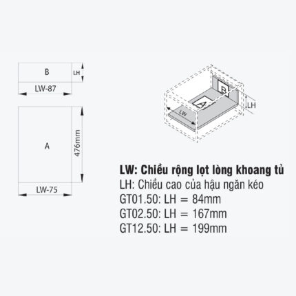 Bản vẽ kỹ thuật ray hộp GARIS GTG125 kích thước chi tiết 500mm