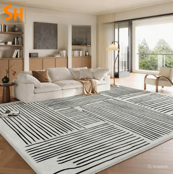 Thảm kẻ sọc đen phong cách Industrial TY3744 2026 phối màu thảm trải sàn phòng khách – thảm kẻ sọc đen TY3744 phong cách Industrial 2026