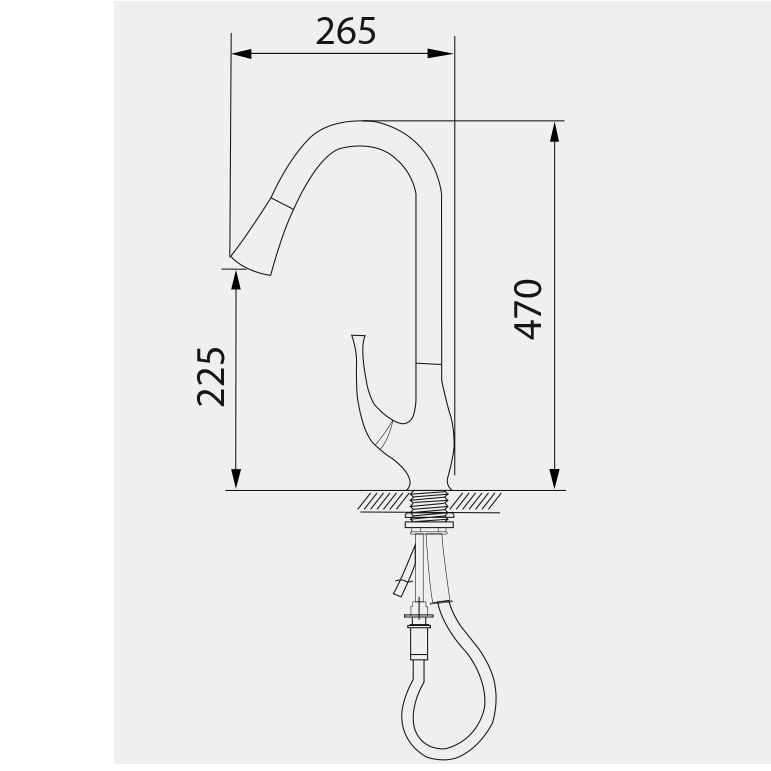 Bản vẽ kỹ thuật vòi nước rửa chén GARIS GF12P kích thước S265×C470mm