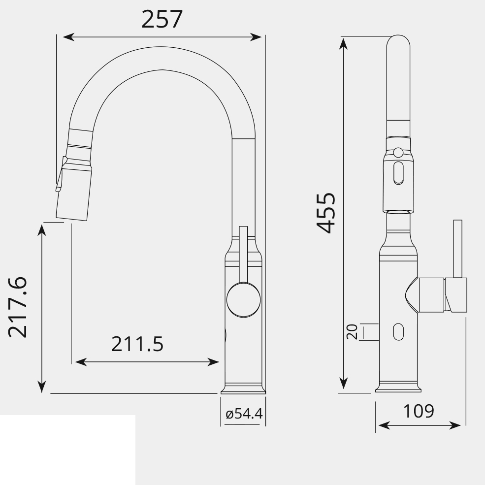 Bản vẽ kỹ thuật vòi rửa bát cảm ứng điện tử GARIS MF01M kích thước S257×C455mm