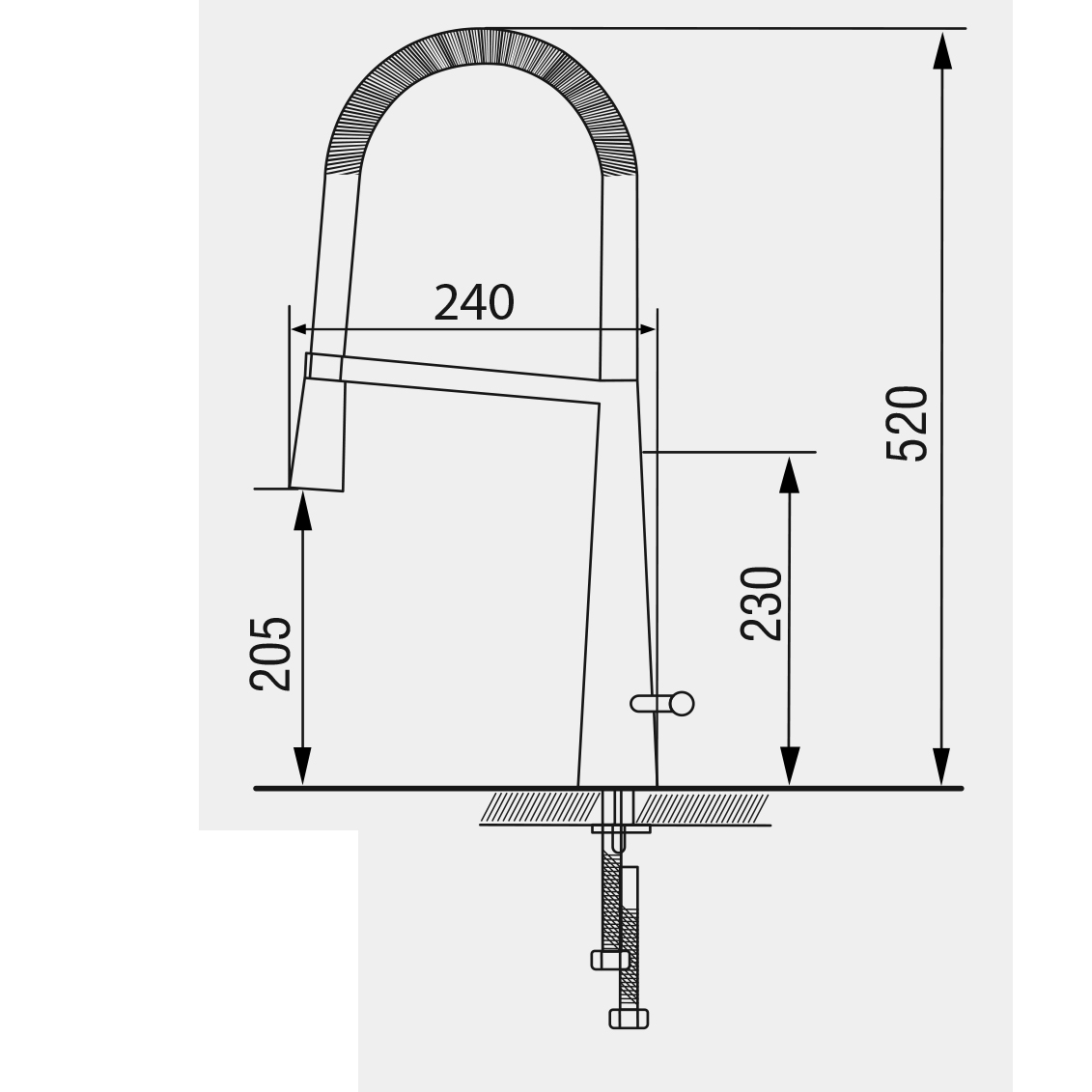 Bản vẽ kỹ thuật vòi rửa bát cao cấp GARIS MF03P kích thước S240×C520mm