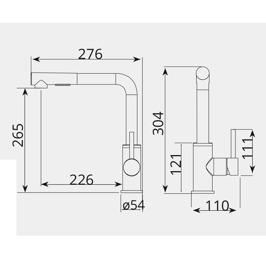 Bản vẽ kỹ thuật vòi rửa bát có dây rút GARIS GF2M kích thước S276×C304mm