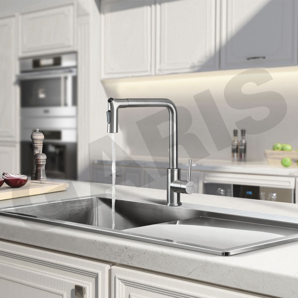 Vòi rửa bát có dây rút inox 304 xước mờ GARIS GF17E S285×C359mm thiết kế độc quyền