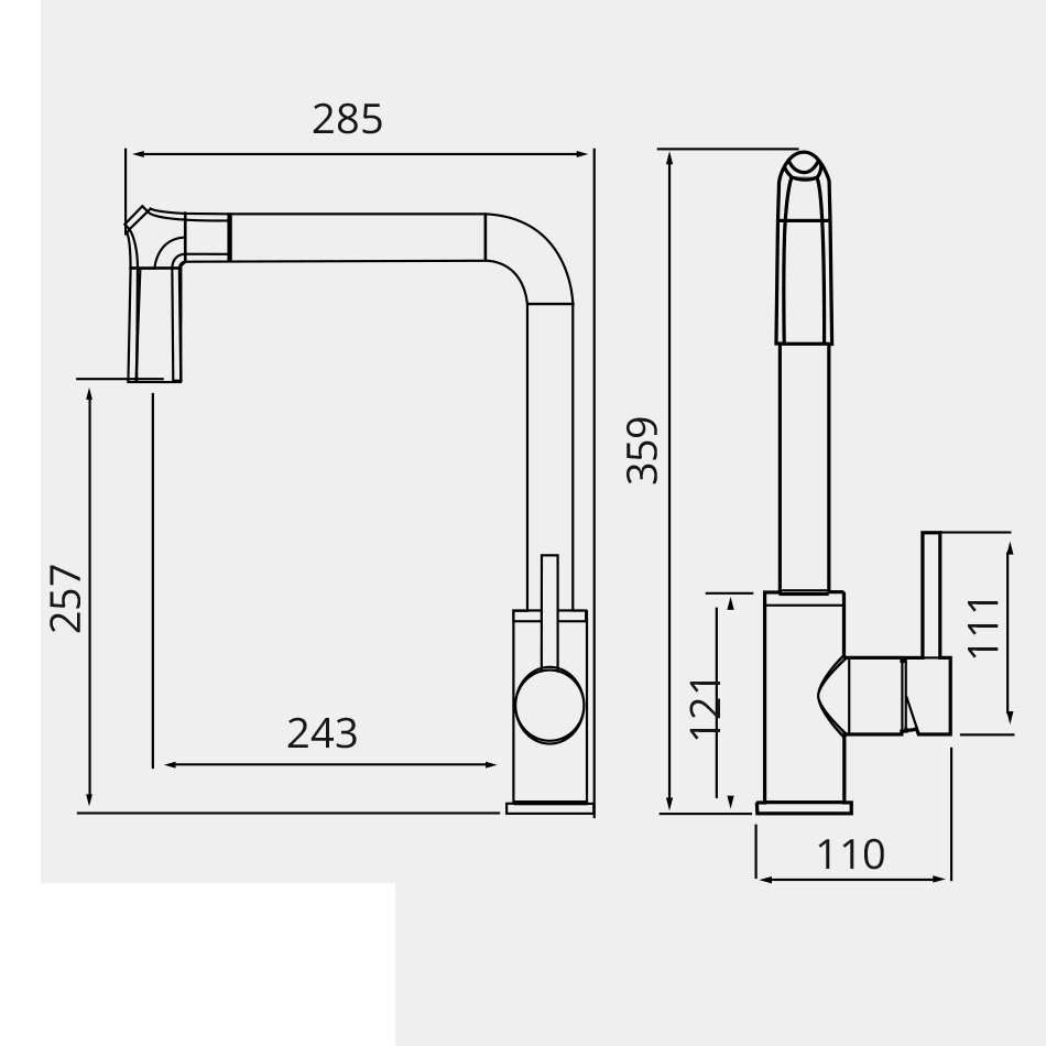 Bản vẽ kỹ thuật vòi rửa bát có dây rút GARIS GF17E kích thước S285×C359mm