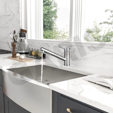 Vòi rửa bát cổ thấp có dây rút GARIS GF8M inox 304 đánh bóng S270xC167mm