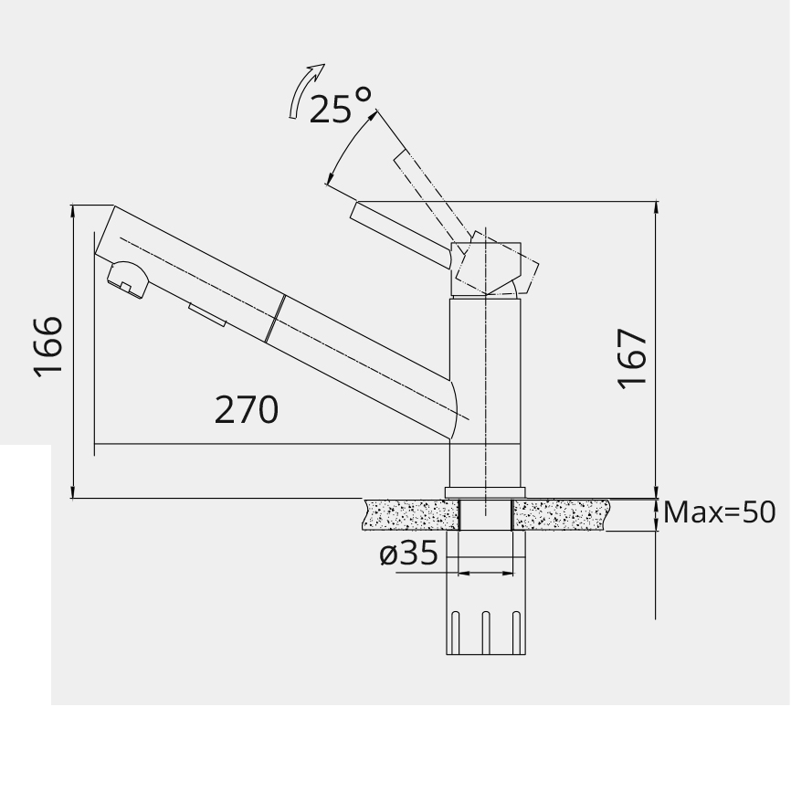 Bản vẽ kỹ thuật vòi rửa bát cổ thấp có dây rút GARIS GF8M kích thước S270xC167mm