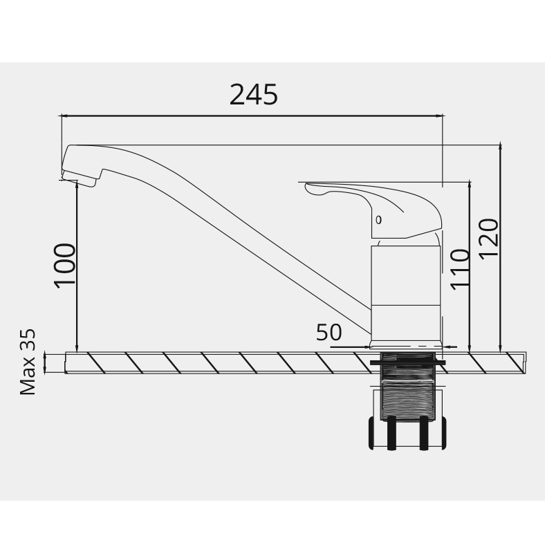 Bản vẽ kỹ thuật vòi rửa bát cổ thấp GARIS GF7M kích thước S245×C120mm