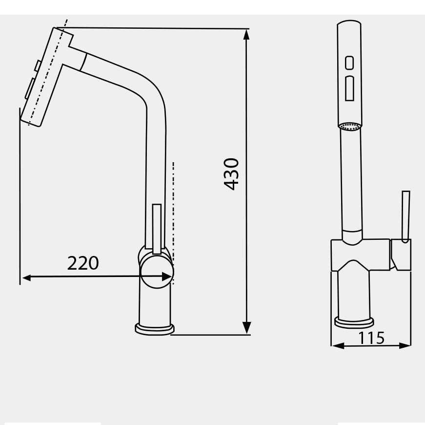 Bản vẽ kỹ thuật vòi rửa bát GARIS MF16E kích thước S220×C430mm