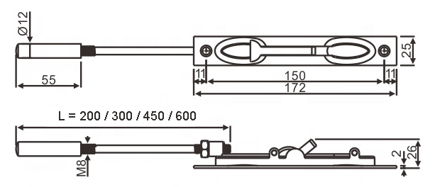 Bản vẽ kỹ thuật chốt âm cửa sắt IMUNDEX 709.17.993 kích thước 25x172mm L300mm