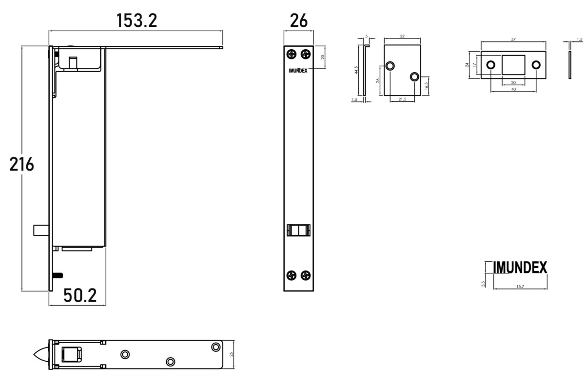 Bản vẽ kỹ thuật chốt âm tự động IMUNDEX 709.17.998 kích thước 153x26x216mm